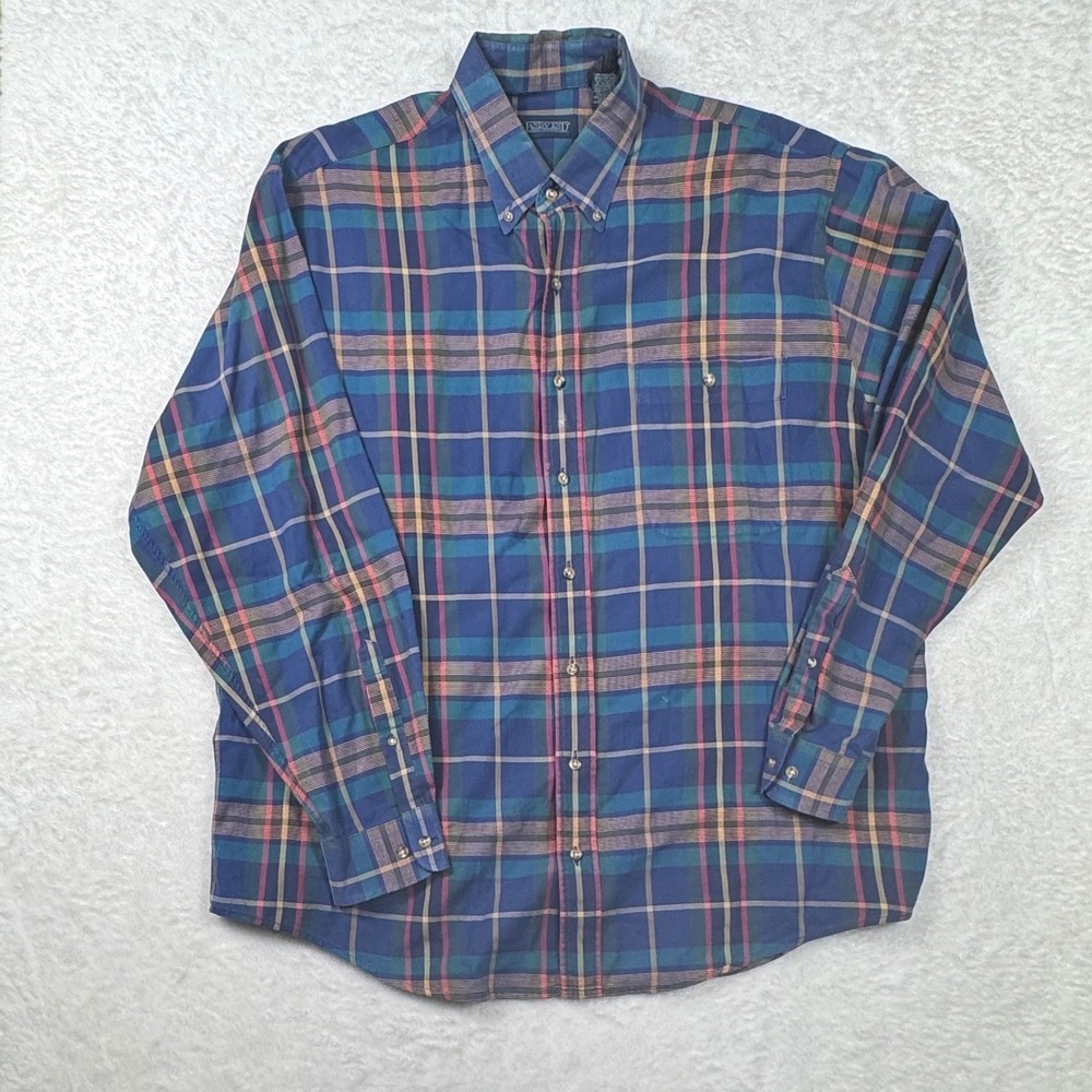 Lands' End Plaid Button Down Mens XL Tall Blue Preppy Cotton Classic Shirt